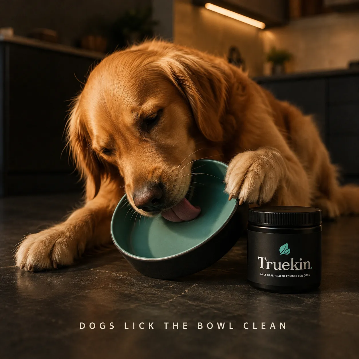 Happy dog licking its dinner bowl completely clean beside the Truekin jar; dogs lick the bowl clean