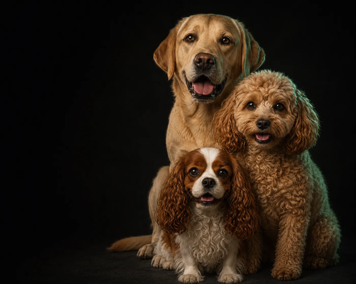 Studio portrait of a yellow Labrador, miniature Goldendoodle, and Cavalier King Charles Spaniel sitting together against a black background