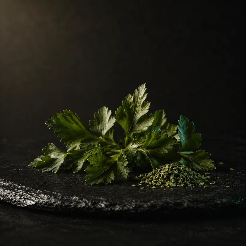 Fresh parsley sprigs with scattered dried flakes on dark slate, mint accent light