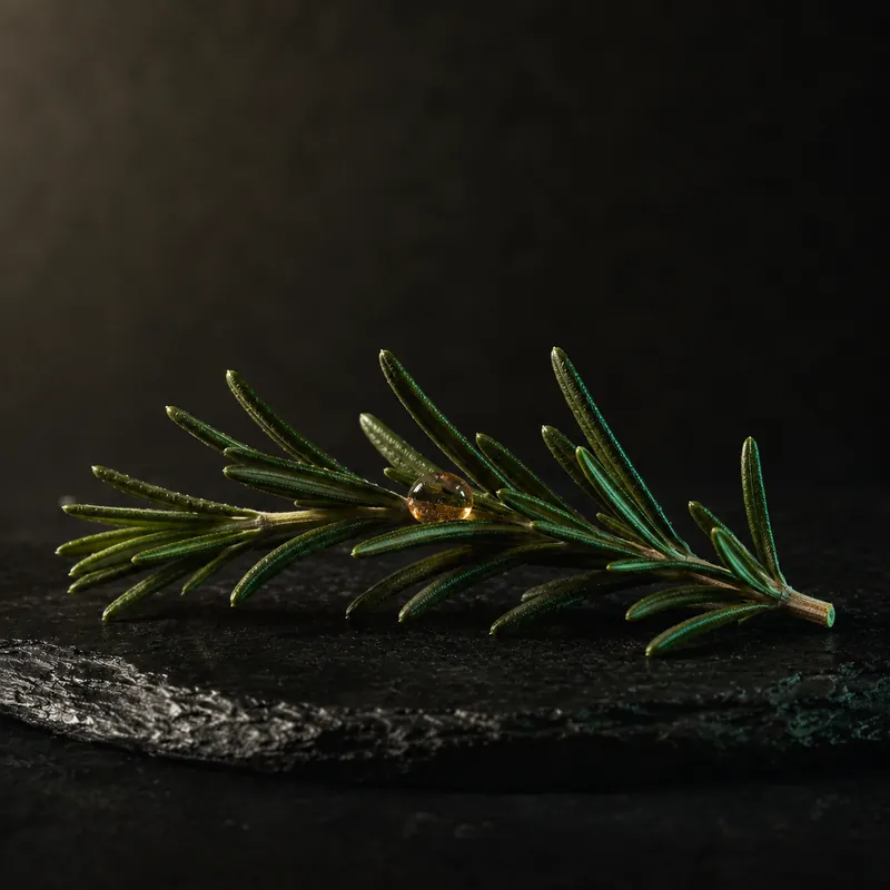 Rosemary sprig with a single drop of amber extract on dark stone, macro