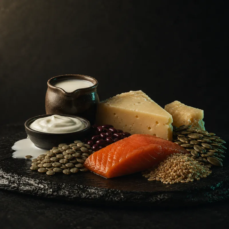 Phosphorus-rich whole foods on dark slate: salmon, aged cheese, yogurt, lentils, and pumpkin seeds