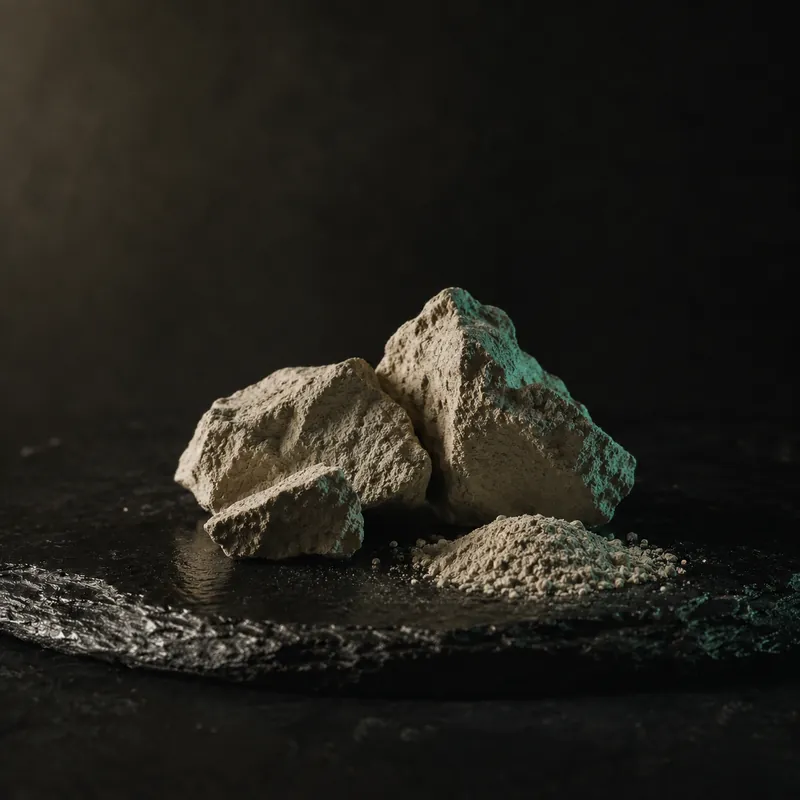 Raw zeolite mineral chunks with fine powder beside them on dark slate