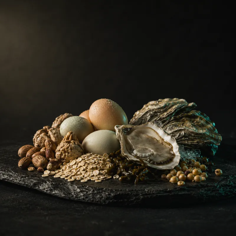 Zinc-rich whole foods on dark slate: fresh oysters, eggs, walnuts, almonds, oats, and chickpeas