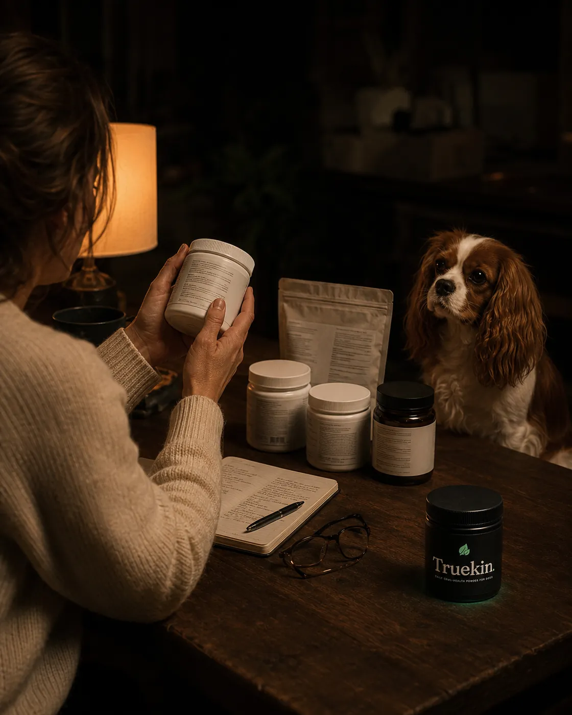 The founder at a lamplit kitchen table studying supplement labels beside a notebook of notes, her Cavalier watching, a Truekin jar set apart from the clutter