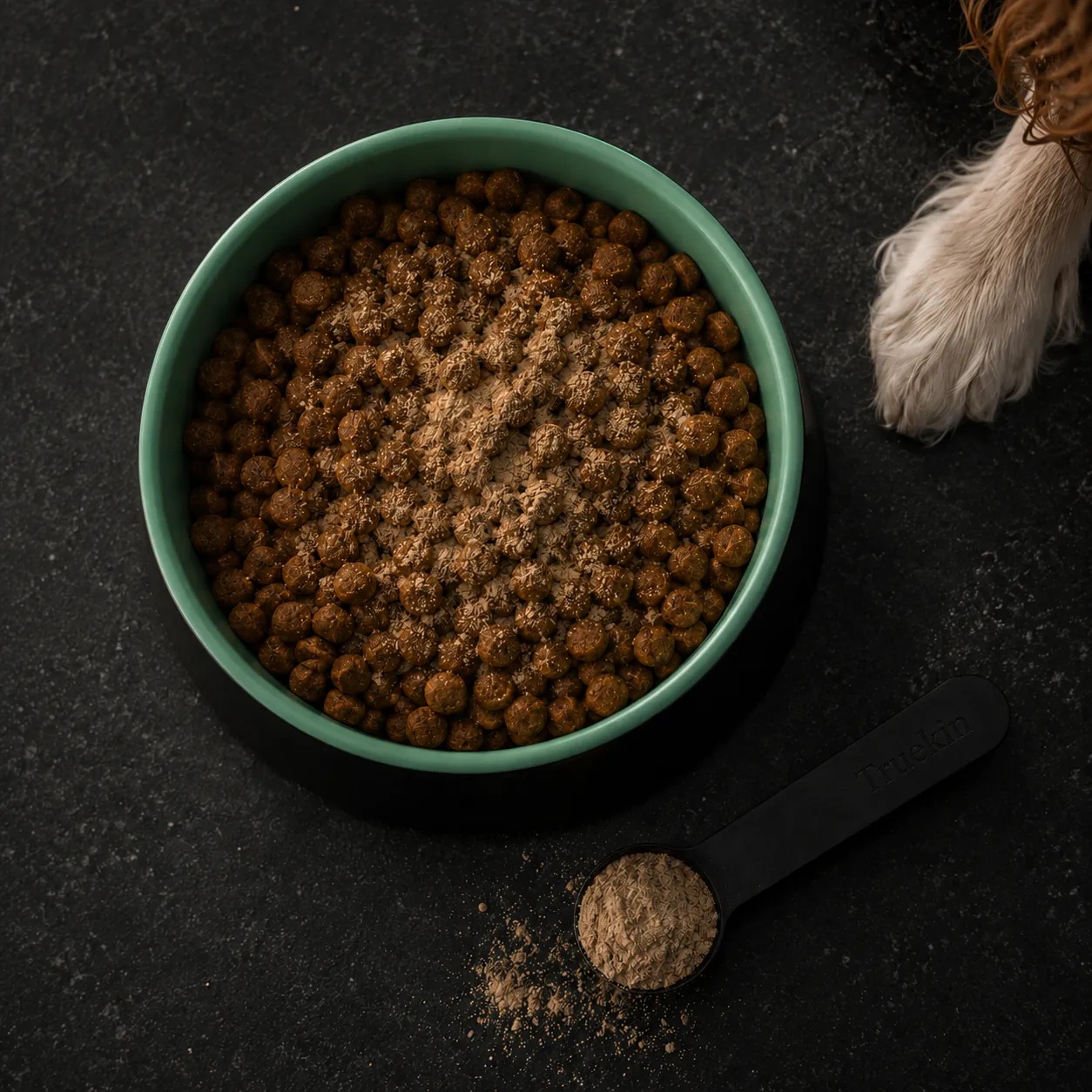Overhead of a mint-lined dinner bowl of kibble dusted with Truekin powder, the dosing scoop beside it and a paw stepping into frame