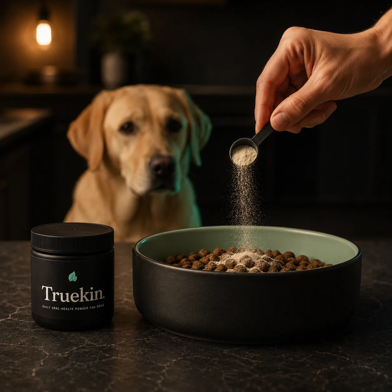 Hand sprinkling Truekin powder over a bowl of kibble while an eager yellow Labrador watches, the jar beside the bowl