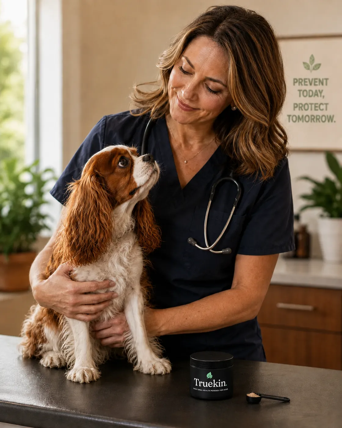 A veterinarian in navy scrubs gently examining a Cavalier King Charles Spaniel on an exam table in a bright clinic